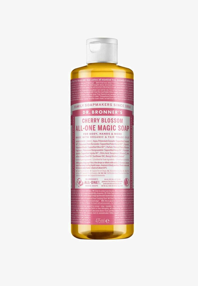 Dr. Bronner's Cherry Blossom All-One Magic Soap in a clear, tall bottle. Pink label with white text, gold cap, and 475 ml measurement.