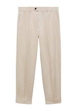 Beige Hosen mit glattem Material, ausgestattet mit einem einzigen Knopfverschluss, seitlichen Taschen und umgeschlagenen Säumen für einen maßgeschneiderten Look.