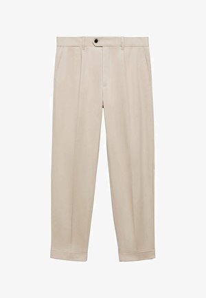 Bež hlače s glatkom teksturom, koje imaju jedno kopčanje na dugme, bočne džepove i pristajanje s prevrnutim rubovima za poslovan izgled.