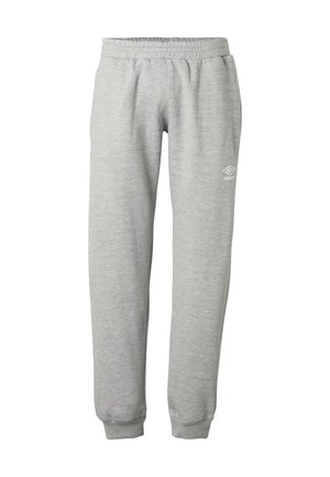 Pantaloni della tuta grigio chiaro con vita e polsini elastici, con un piccolo logo Umbro bianco sulla parte superiore della coscia sinistra.
