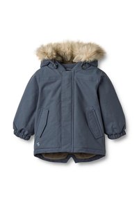 Szara ocieplana parka z kapturem wykończonym futrem, elastycznymi mankietami, dwoma przednimi kieszeniami i miękką podszewką wewnętrzną. Prosty fason z funkcjonalnymi detalami.