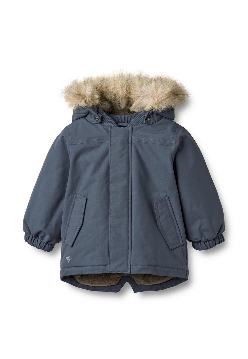 Szara ocieplana parka z kapturem wykończonym futrem, elastycznymi mankietami, dwoma przednimi kieszeniami i miękką podszewką wewnętrzną. Prosty fason z funkcjonalnymi detalami.