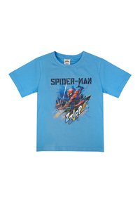 Camisa de algodón azul con un gráfico de Spider-Man y un texto en negrita negra que dice "SPIDER-MAN", además de acentos al estilo cómic en múltiples colores.