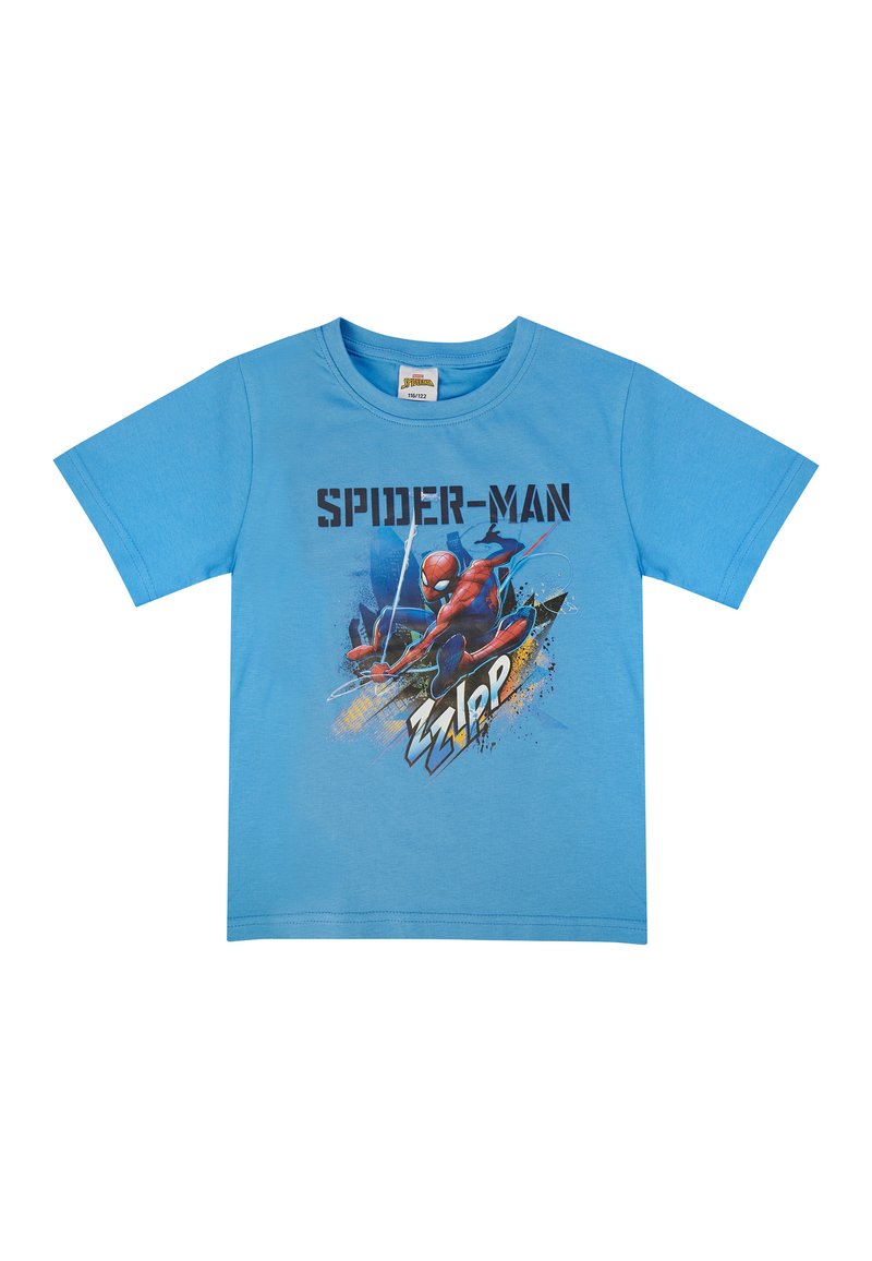 Camisa de algodón azul con un gráfico de Spider-Man y un texto en negrita negra que dice "SPIDER-MAN", además de acentos al estilo cómic en múltiples colores.