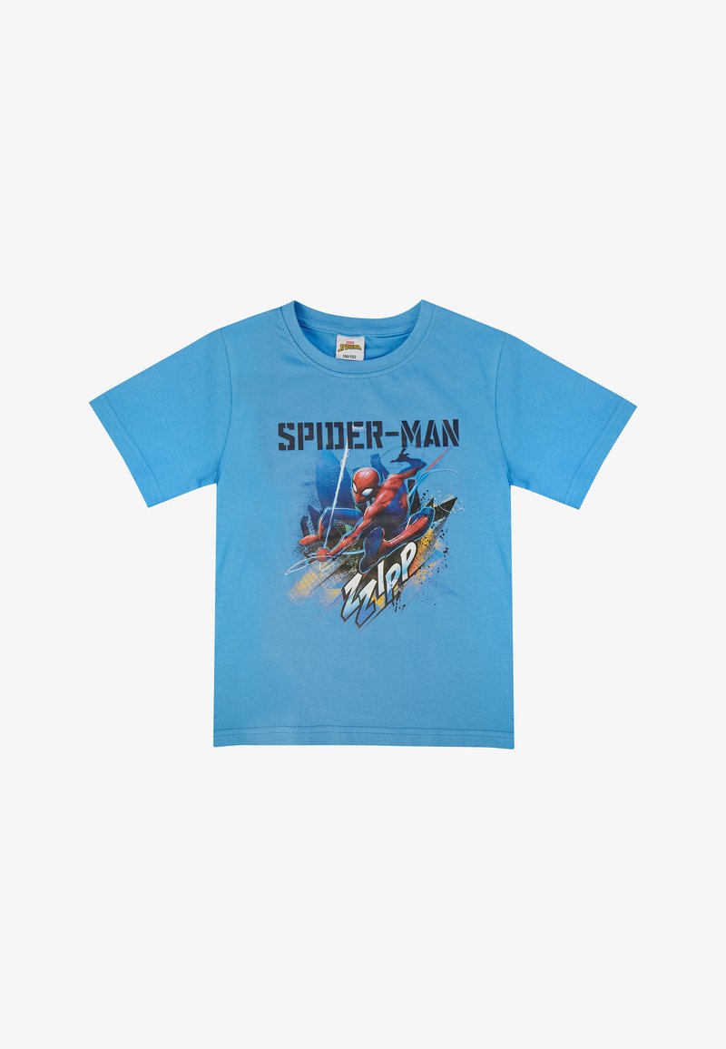 Blaues Baumwoll-T-Shirt mit einem Spider-Man-Motiv, das in fetten schwarzen Buchstaben "SPIDER-MAN" zeigt, ergänzt durch comicartige Akzente in verschiedenen Farben.
