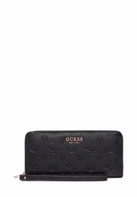 Portafoglio nera con zip in materiale sintetico testurizzato, decorato con motivi geometrici in rilievo e il logo "GUESS" in tonalità oro.