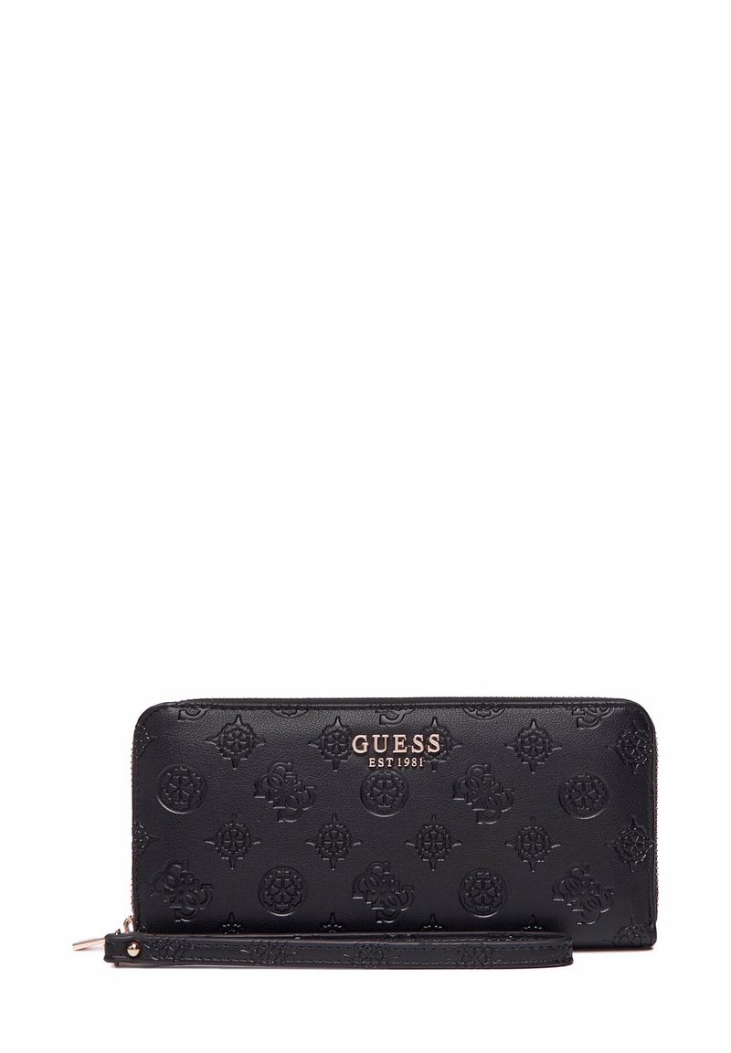 Portafoglio nera con zip in materiale sintetico testurizzato, decorato con motivi geometrici in rilievo e il logo "GUESS" in tonalità oro.
