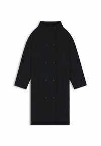 Cappotto lungo nero doppiopetto con colletto alto, maniche lunghe e due tasche frontali, steso su uno sfondo bianco.