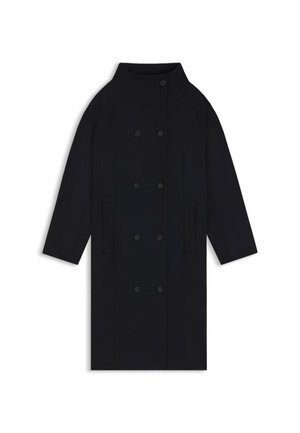 Black double-breasted long coat with high collar, long sleeves, and two front pockets, laid flat on a white background.