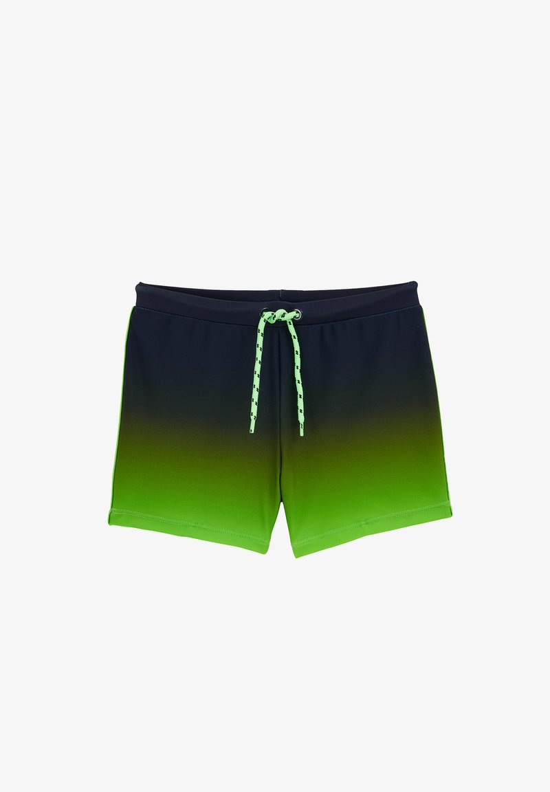 Bañador con un diseño en degradé, que pasa de azul marino en la parte superior a verde brillante en la parte inferior. Cuenta con un cordón de ajuste en verde claro.