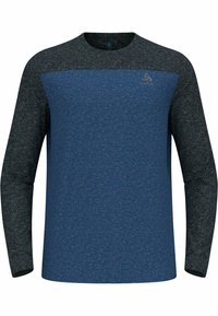 Langärmliges Shirt mit blauer Körper und dunkelgrauen Ärmeln. Hergestellt aus strukturiertem Stoff mit rundem Halsausschnitt und dezentem Logodetail auf der Brust.