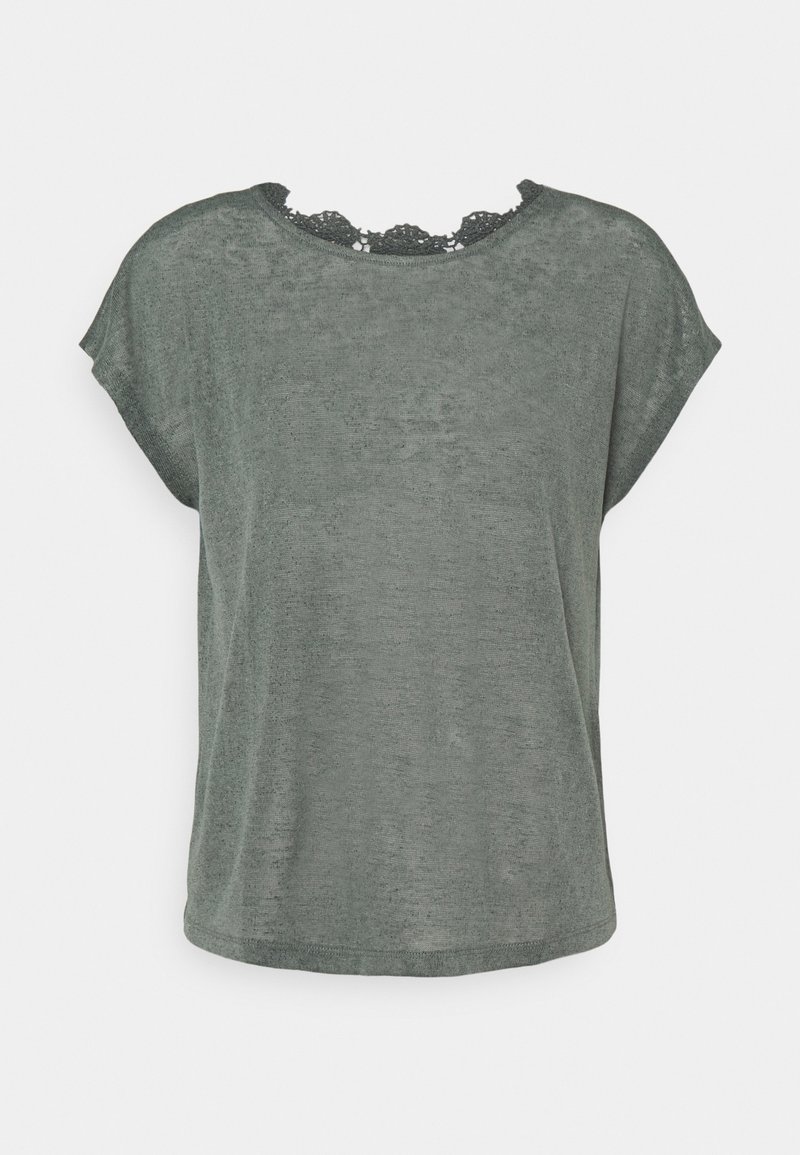 Haut à manches courtes pour femmes, gris foncé, avec un bord en dentelle autour de l'encolure ronde, en tissu léger.