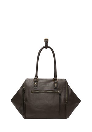 Dunkelbraune Lederhandtasche mit zwei Griffen, sichtbaren Reißverschlüssen vorne und an den Seiten sowie einem kleinen, mittig vorne eingeprägten Markennamen.