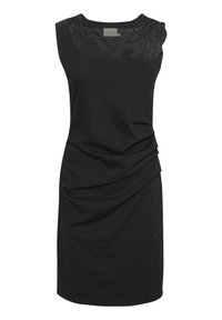 Robe noire sans manches avec un design en dentelle texturée au niveau de l'encolure, présentant un devant drapé et une silhouette ajustée. Matière lisse.