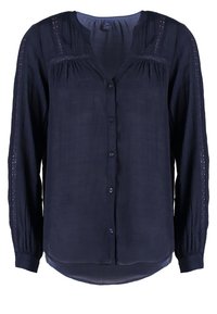Blouse à manches longues bleu marine avec boutons sur le devant, détails délicats en dentelle sur les épaules et les manches, encolure ronde et accents de tissu froncé.