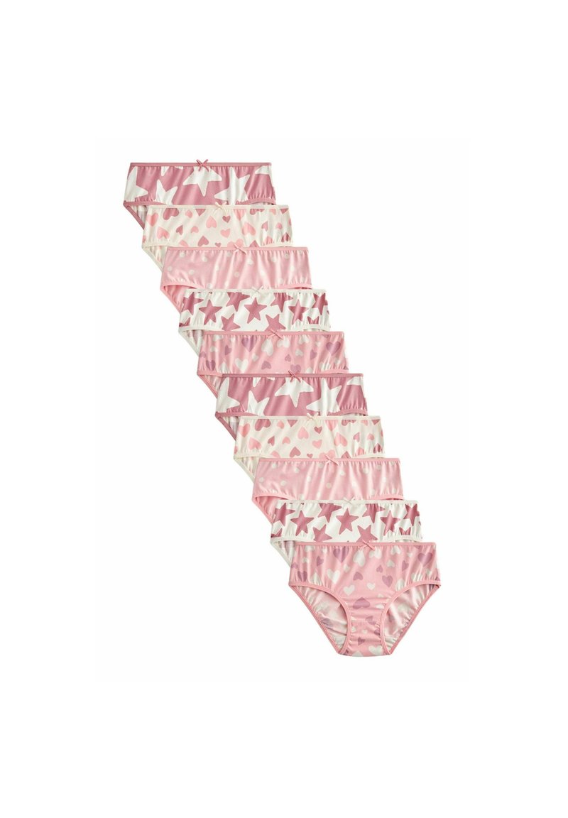 Lot de dix culottes pour filles dans des teintes variées de rose, ornées de motifs d'étoiles et de cœurs, fabriquées en matière douce et extensible.