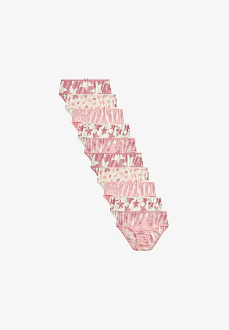 Lot de dix culottes pour filles dans des teintes variées de rose, ornées de motifs d'étoiles et de cœurs, fabriquées en matière douce et extensible.