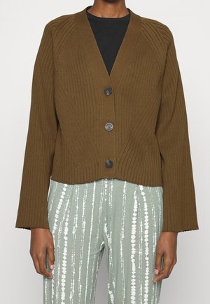 Cardigan marron en maille côtelée avec trois boutons foncés sur une chemise noire, associé à un pantalon vert et blanc à motif vertical.