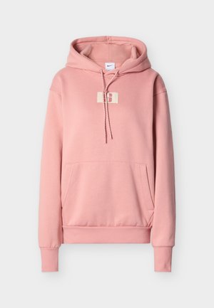 Rosa Kapuzenpullover aus weichem Stoff, mit Fronttasche, Kordelzugkapuze und einem Logopatch auf der Brust. Rippbündchen an Ärmeln und Saum.