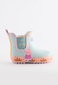 Botte de pluie en caoutchouc pour enfants en bleu pastel et rose, avec une doublure en peluche, l'inscription "Let's Play" et un graphique Peppa Pig sur le côté.