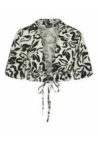 Maglietta cropped a maniche corte in tessuto leggero, con un motivo astratto di foglie nere su uno sfondo crema e chiusura anteriore con nodo.