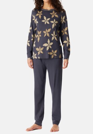 Marinblå pyjamasset med långärmad topp med gyllene blommönster och matchande byxor med elastisk midja, tillverkade av mjukt och andningsbart tyg.