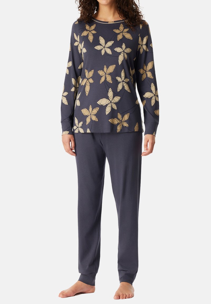 Set di pigiama navy con top a maniche lunghe decorato da un motivo floreale dorato e pantaloni abbinati con vita elastica, realizzato in tessuto morbido e traspirante.