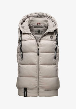 Veste sans manches matelassée gris clair avec capuche, fermeture éclair à l'avant, cordons et étiquettes noirs de la marque NAVAHOO.