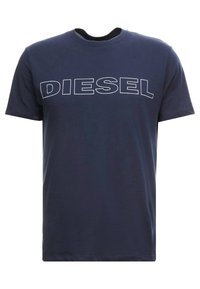 Námořnická modrá bavlněná tričko s krátkými rukávy a zaobleným výstřihem, na přední straně je vytištěno "DIESEL" v bílých velkých písmenech.