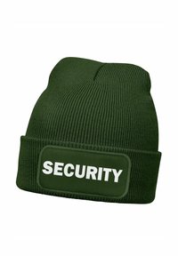 Green knitted beanie with a folded cuff. A rectangular patch displays the word "SECURITY" in bold white letters.