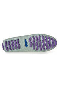 Suola di una scarpa verde menta con superficie texture, caratterizzata da accenti in gomma viola e motivi a zigzag per un grip migliore.