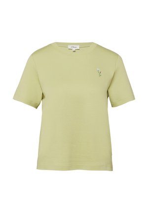 Lichtgroen T-shirt met korte mouwen, ronde hals en een kleine geborduurde witte en roze bloem op de linkerborst.