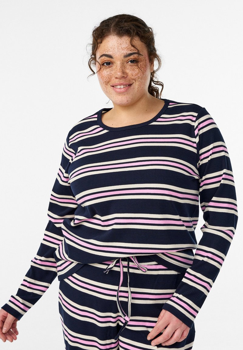 Langärmeliges Top mit Streifen in Marineblau, Rosa und Cremefarben; gerippte Struktur; Rundhalsausschnitt; lockere Passform; passende Hose mit Kordelzug.