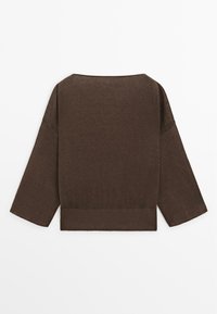 Brown long-sleeve knitted sweater with wide sleeves and a slightly loose fit, displayed flat with the back facing up.