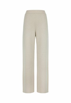 Hellegraue weit geschnittene Hose aus strukturiertem Stoff, mit einem hohen Bund und einer lässigen Silhouette. Keine sichtbaren Taschen oder Beschläge.