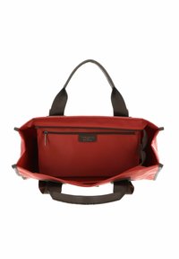 Borsa tote impermeabile rossa con manici marroni, tasca interna con zip, esterno liscio e design a bocca aperta per un facile accesso.