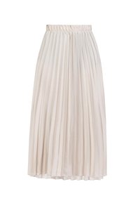 Fustă midi pliată dintr-un material bej deschis, cu talie elastică și un design fluid, având plii verticale care adaugă textură și mișcare.