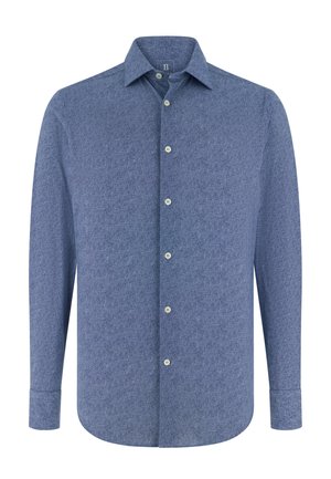 Langærmet skjorte med knapper i et tekstureret mørkeblåt stof. Har en spids krave og lyse knapper foran.