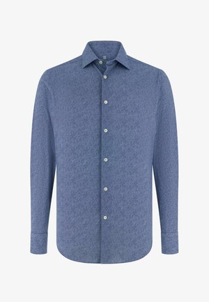 Chemise à manches longues boutonnée en tissu bleu foncé texturé. Présente un col pointu et des boutons de couleur claire sur le devant.
