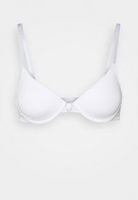 Soutien-gorge blanc rembourré avec des bretelles satinées réglables, en tissu lisse, et un détail central en forme de nœud entre les bonnets. Forme triangulaire classique.