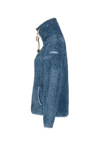 Fleecejack in het blauw met hoge kraag, rits en trekkoord. Beschikt over zijzakken en een zachte, gestructureerde stof voor warmte.