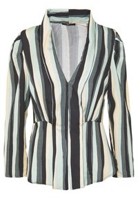 Bluzka w paski z pionowymi wzorami w kolorze czerni, kremu i szmaragdu, z głębokim dekoltem w serek i długimi rękawami, wykonana z lekkiego materiału.
