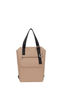 Borsa a mano beige con manici neri, materiale sintetico liscio, tasca con zip frontale e dettaglio ad anello in argento sul lato. Forma quadrata.