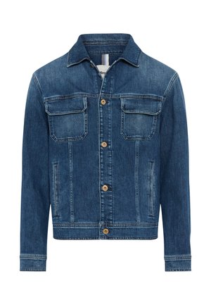 Blå denimjakke med knaplukning foran, to brystlommer med klap, sidelommer og en klassisk krave.