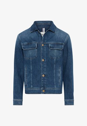 Veste en jean bleue avec fermeture à boutons, deux poches à rabat sur la poitrine, poches latérales et col classique.