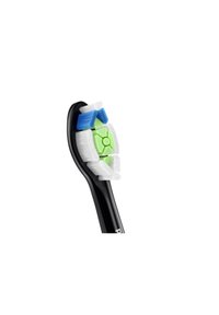 Tête de brosse à dents électrique avec un manche en plastique noir ; poils en blanc, bleu, et vert ; motif circulaire distinctif ; pointes texturées.