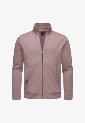 Light pink zip-up jacket with a high collar, long sleeves, side pockets, and a contrasted zipper. Made from a soft, textured fabric.