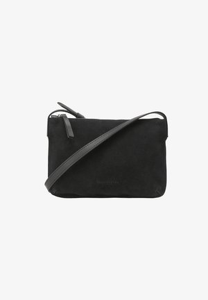 Borsa a tracolla rettangolare in camoscio nero con sottile tracolla in pelle e chiusura con cerniera superiore.
