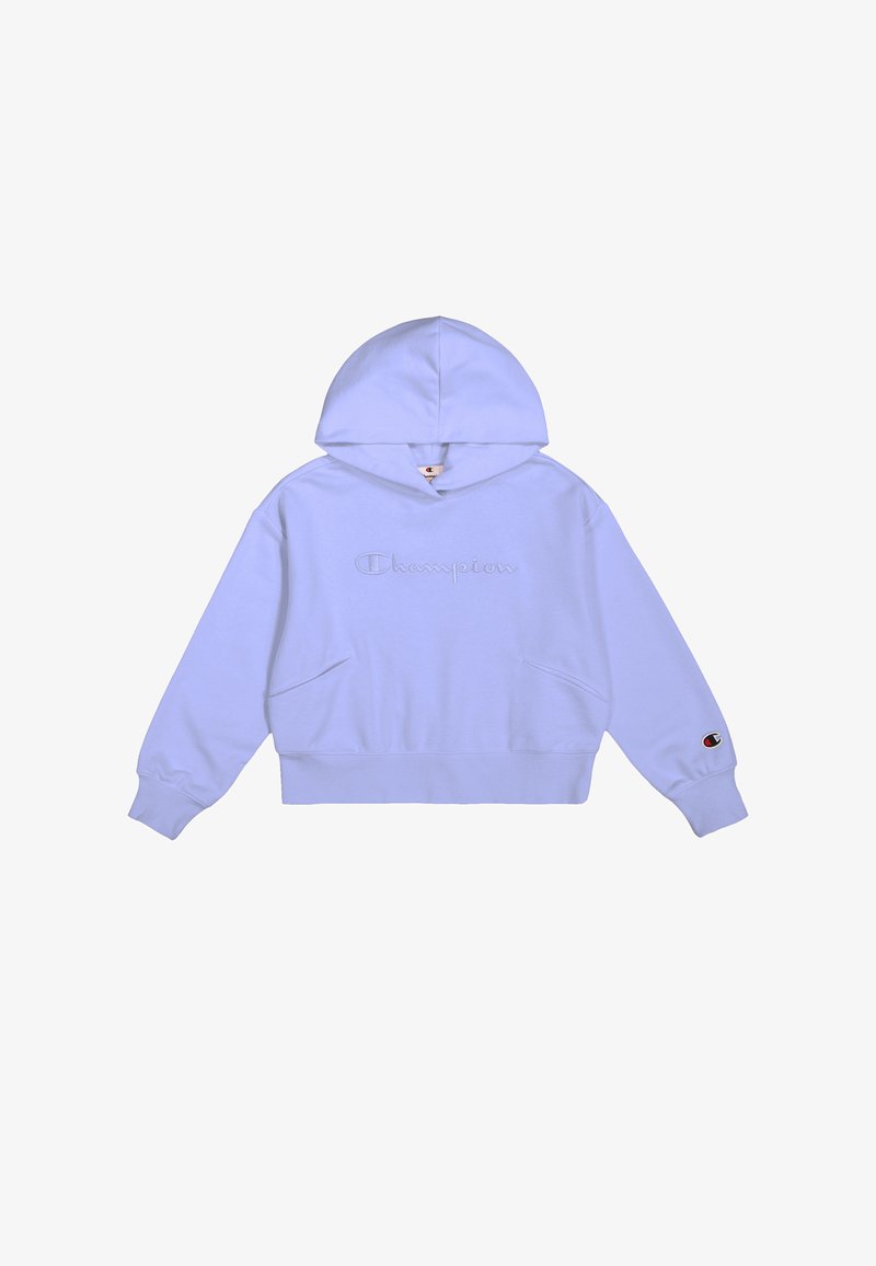 Sudadera de lavanda clara hecha de mezcla de algodón, con un bolsillo tipo canguro, logo bordado de "Champion" y puños acanalados.