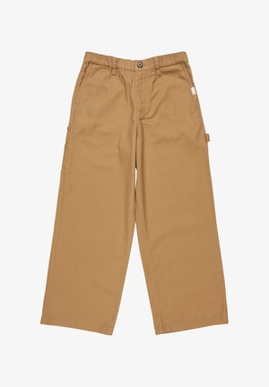 Pantaloni cargo khaki con una vestibilità rilassata, dotati di una cintura elasticizzata, tasche laterali e tessuto in cotone resistente. Texture liscia, senza pattern.